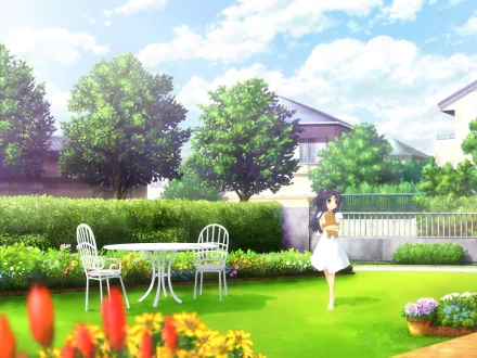 4K Ultra HD anime wallpaper featuring Kotomi Ichinose from Clannad in a bright, lush garden with white outdoor furniture and vibrant greenery against a suburban backdrop.