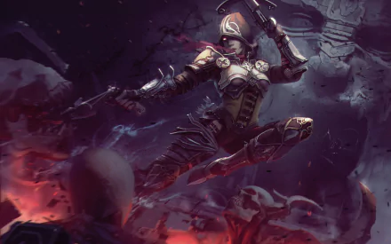 A dynamic HD wallpaper featuring a Demon Hunter from Diablo III, capturing an intense action moment in a dark and atmospheric background filled with shadows and eerie elements.