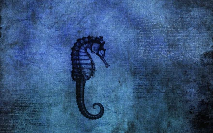A stylized seahorse silhouette against a textured blue background, creating an artistic and serene HD desktop wallpaper and background featuring an enchanting marine animal.