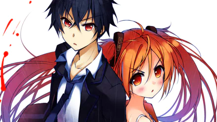HD desktop wallpaper featuring anime characters Rentaro Satomi and Enju Aihara from Black Bullet. The duo is depicted in vibrant colors with determined expressions.
