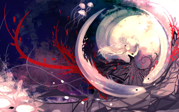 An artistic HD painting featuring a dreamlike scene with a figure in a flowing dress surrounded by swirling shapes and vibrant colors, designed as a desktop wallpaper and background.