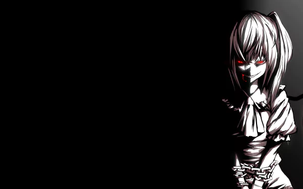 Dark anime HD desktop wallpaper featuring Flandre Scarlet from Touhou, with intense red eyes and a shadowy, ominous atmosphere.