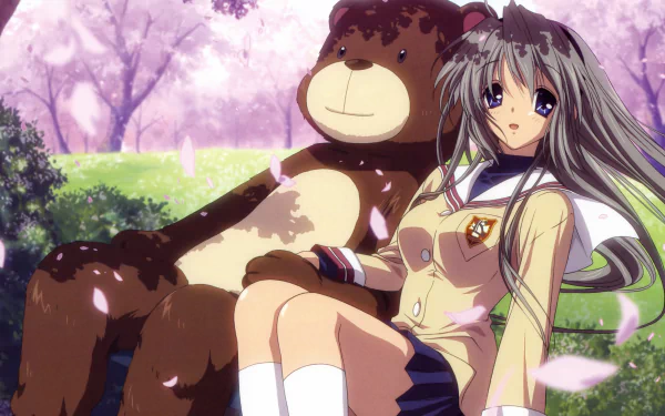 HD desktop wallpaper featuring Tomoyo Sakagami from Clannad, sitting with a large plush bear under cherry blossoms.