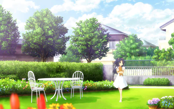 4K Ultra HD anime wallpaper featuring Kotomi Ichinose from Clannad in a bright, lush garden with white outdoor furniture and vibrant greenery against a suburban backdrop.