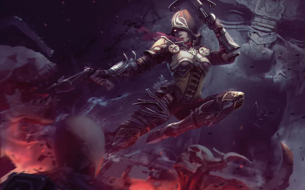 A dynamic HD wallpaper featuring a Demon Hunter from Diablo III, capturing an intense action moment in a dark and atmospheric background filled with shadows and eerie elements.