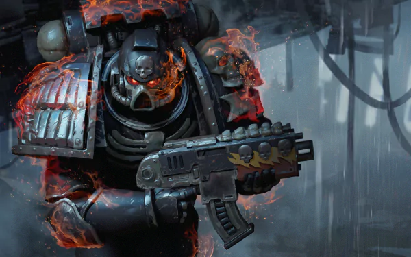 HD PC desktop wallpaper featuring a Warhammer video game character in heavy armor engulfed in flames, holding a futuristic weapon in a dark, rainy environment.