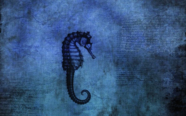 A stylized seahorse silhouette against a textured blue background, creating an artistic and serene HD desktop wallpaper and background featuring an enchanting marine animal.