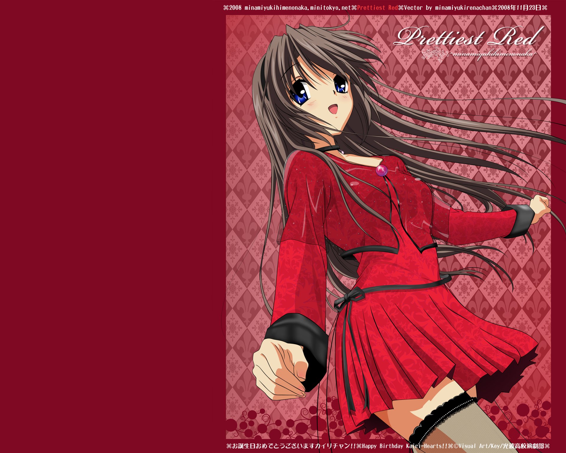 Tomoyo Sakagami (Clannad) in a flowing red school uniform, reaching forward against a patterned red backdrop — 2K Quad HD anime PC desktop wallpaper/background.