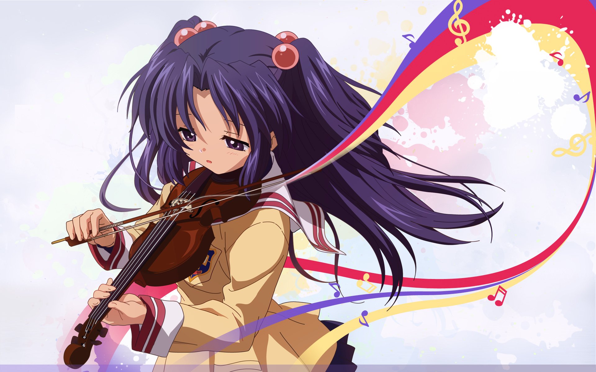 HD desktop wallpaper featuring Kotomi Ichinose from Clannad, animated character in a skirt playing the violin with dynamic, artistic background.
