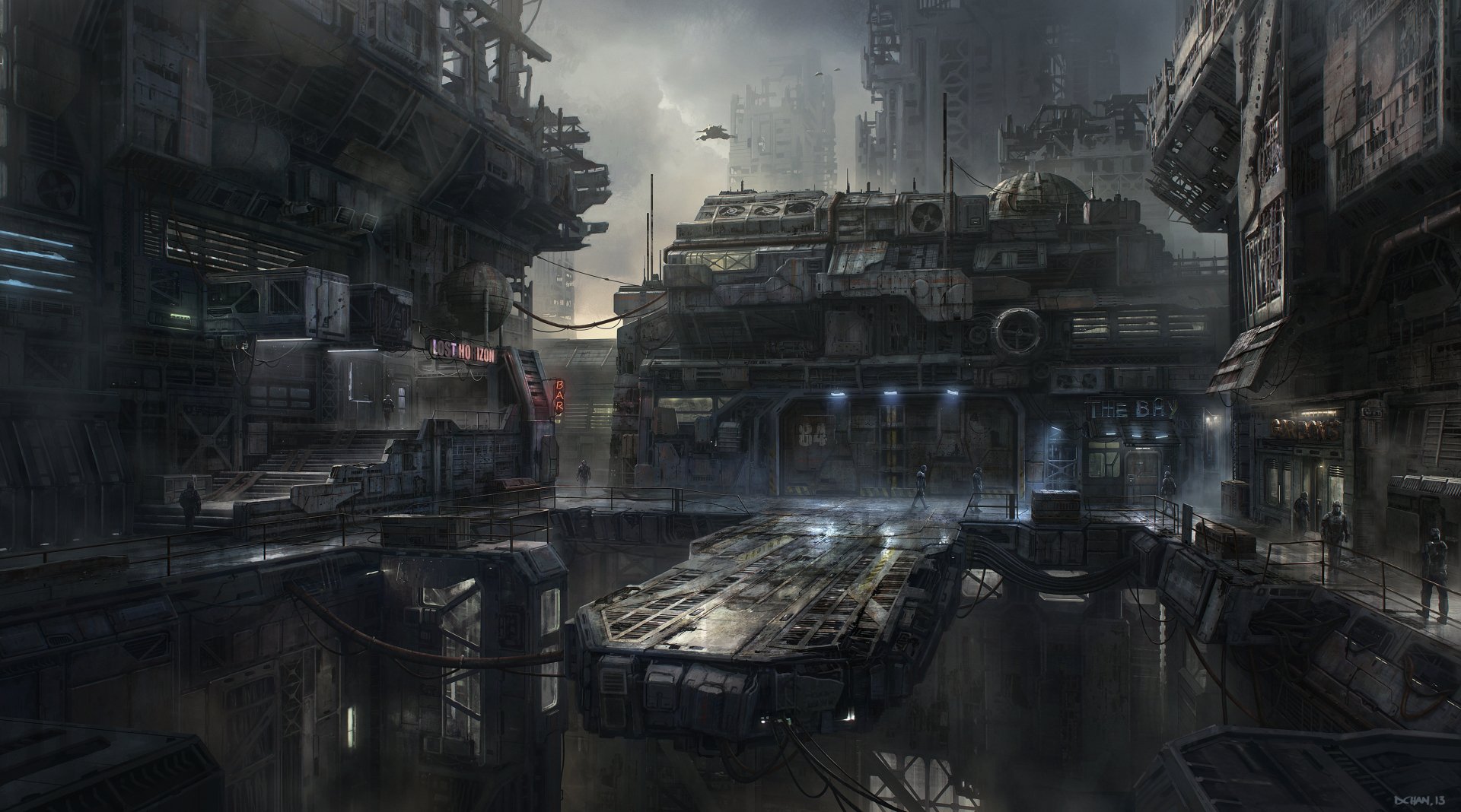 4K Ultra HD Star Citizen video game desktop wallpaper featuring a detailed, futuristic industrial cityscape with massive spacecraft and towering structures under a moody sky.