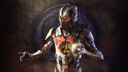 A striking HD desktop wallpaper from Mortal Kombat X, featuring a robotic character with intricate armor and glowing accents, set against a dark, textured background.