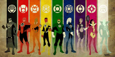 A vibrant HD comic wallpaper featuring iconic characters from the DC Universe: Atrocitus, Hal Jordan, Sinestro, and the various Lantern Corps, including Blue, Green, Black, and Violet.