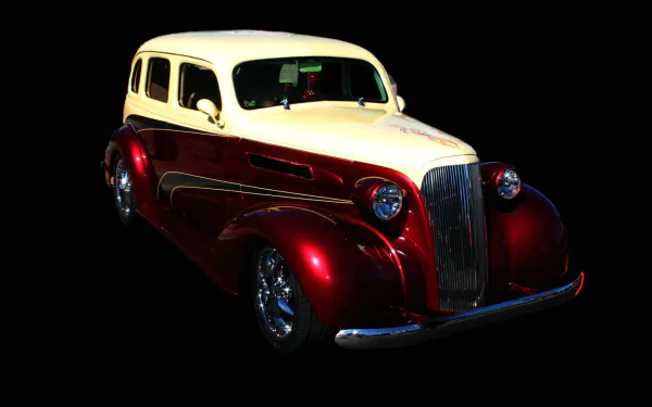 HD PC desktop wallpaper featuring a classic oldtimer vehicle with a glossy red and white finish against a black background.