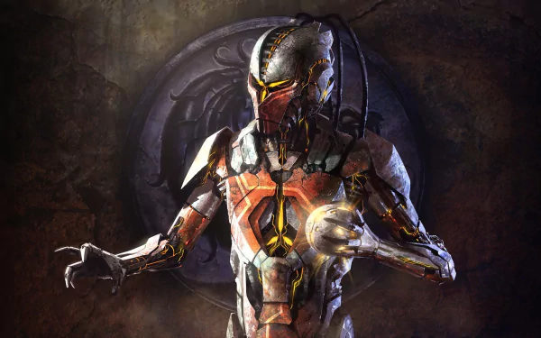 A striking HD desktop wallpaper from Mortal Kombat X, featuring a robotic character with intricate armor and glowing accents, set against a dark, textured background.