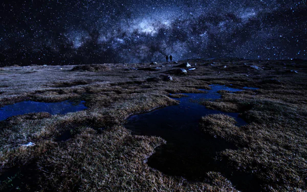 HD PC desktop wallpaper and background: nature scene of marshy tundra pools reflecting brilliant starlight, with the Milky Way arcing across a vast, clear night sky.