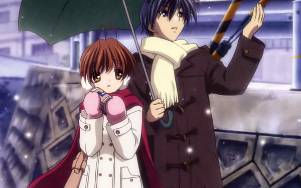 HD PC desktop wallpaper featuring anime characters Tomoya Okazaki and Nagisa Furukawa from Clannad standing under an umbrella in a rainy urban setting.
