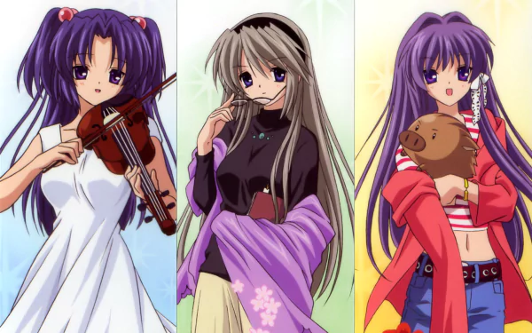 HD anime wallpaper featuring Kotomi Ichinose playing violin, Botan from Clannad, and Kyou Fujibayashi holding a teddy bear, with vibrant colors and detailed backgrounds.