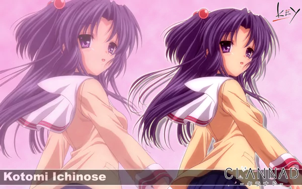A vibrant HD desktop wallpaper featuring Kotomi Ichinose from the anime Clannad, showcasing her charming presence against a pink background.