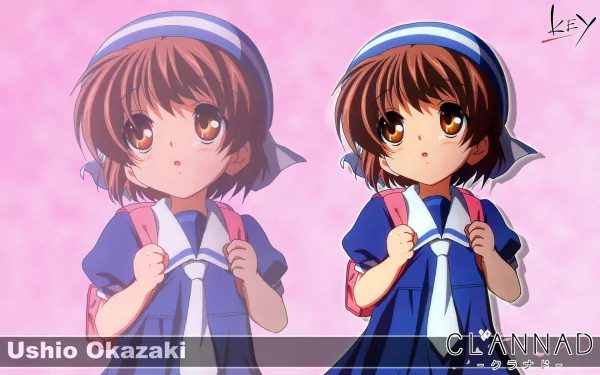 HD PC desktop wallpaper of Ushio Okazaki from Clannad: young girl in a blue school uniform with a backpack against a soft pink background.