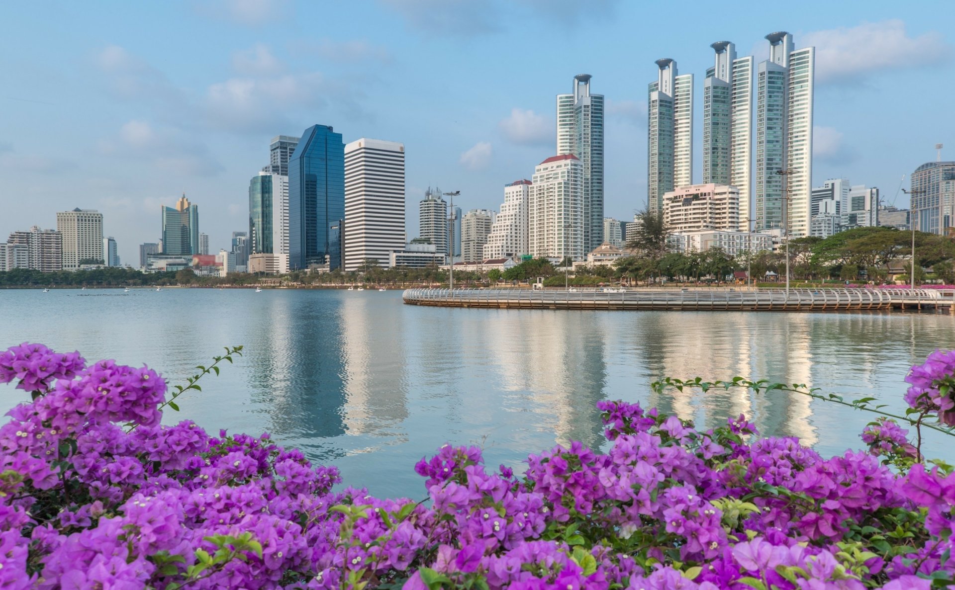 HD desktop wallpaper of Bangkok's man-made skyline along the Chao Phraya River, Thailand, featuring modern high-rise buildings and vibrant purple flowers in the foreground.