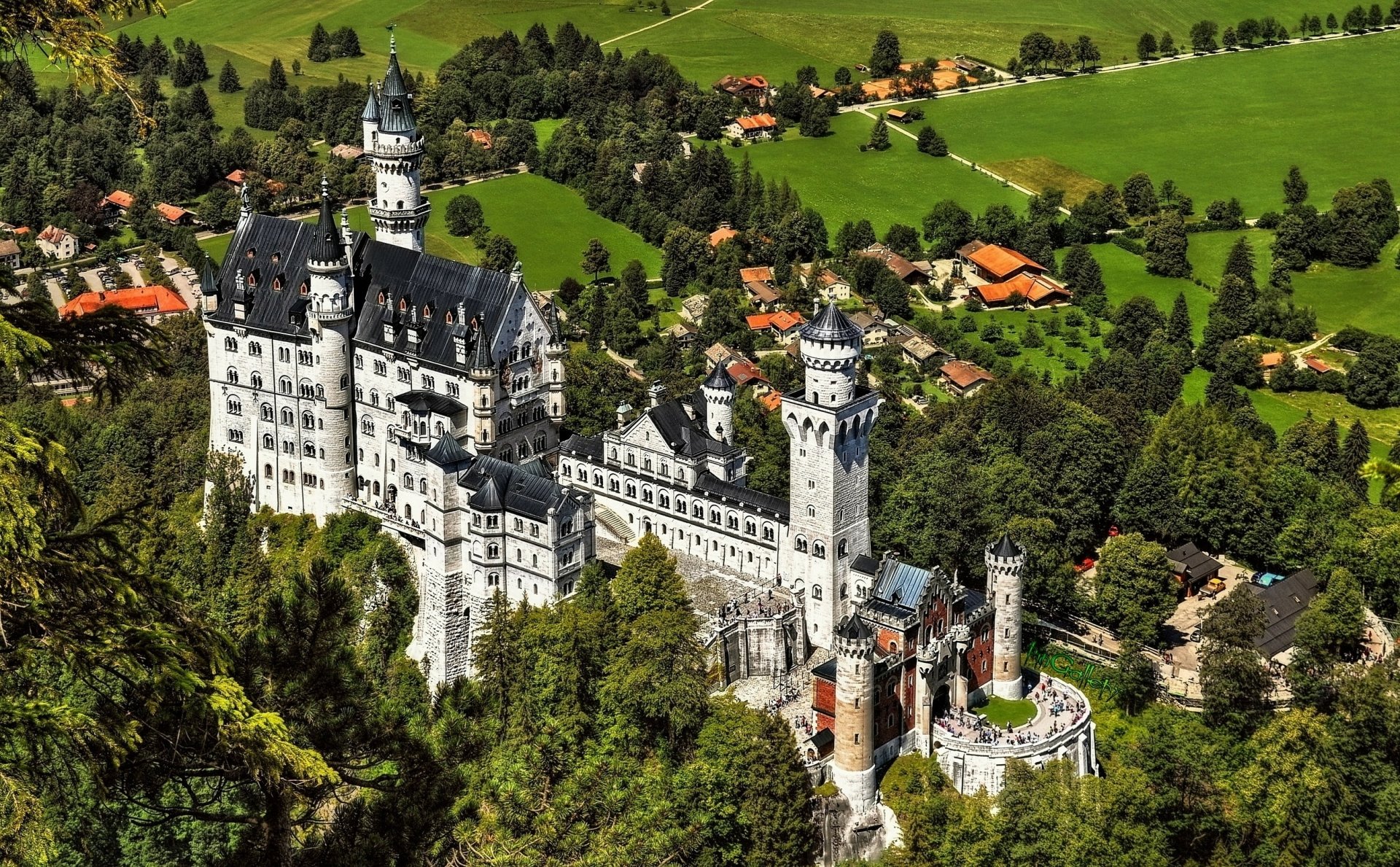 Aerial view of Germany’s Neuschwanstein Castle surrounded by lush greenery, captured in HD as a detailed and vibrant man-made architectural marvel.