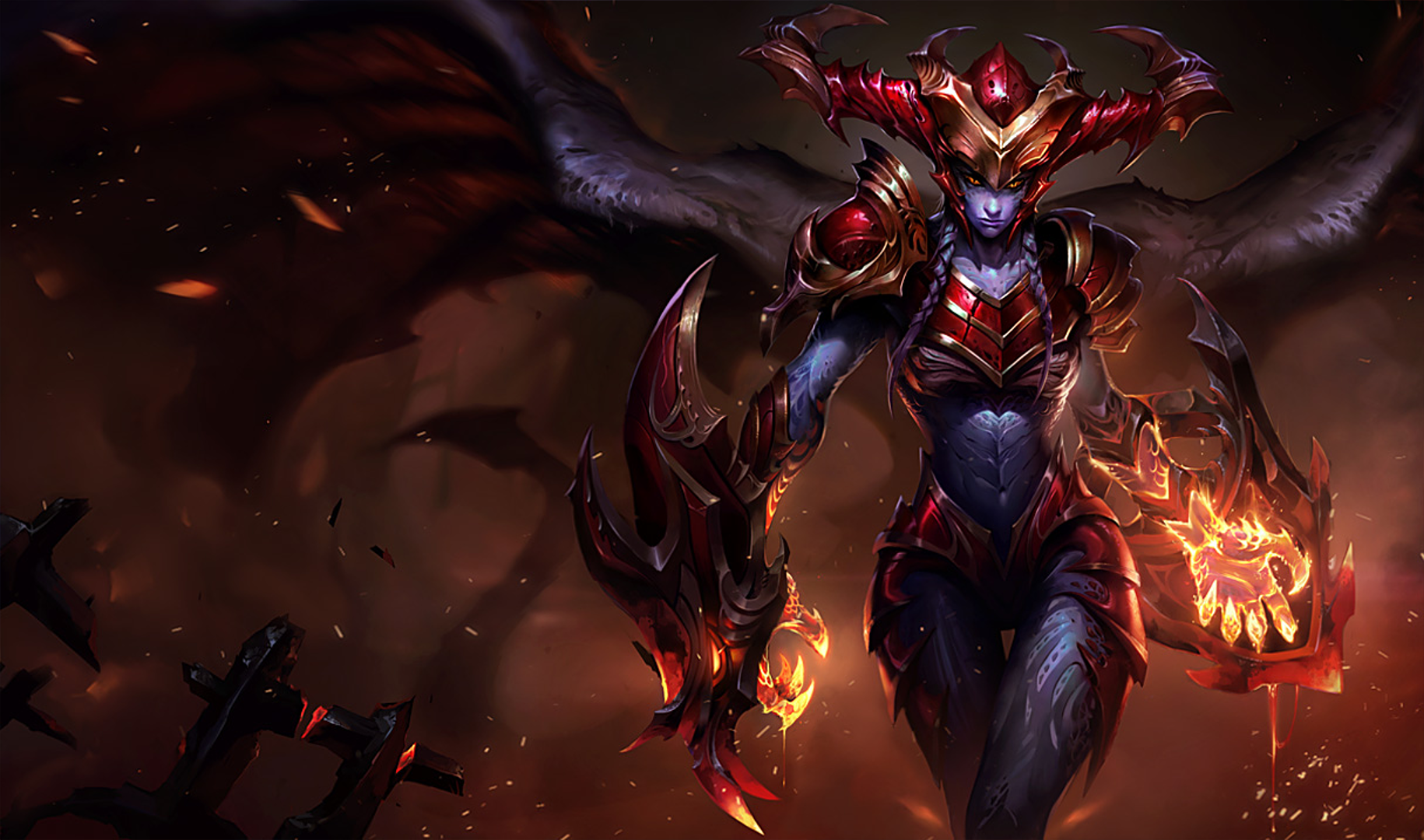 A stunning HD wallpaper featuring Shyvana from League of Legends, showcasing her fierce dragon form with striking wings and fire accents, embodying power and intensity.