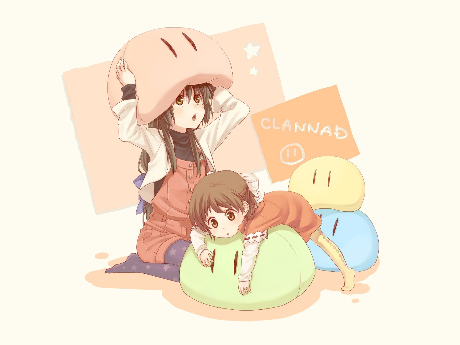 HD PC wallpaper featuring Ushio Okazaki and Fuuko Ibuki from the anime Clannad, portrayed in a soft, pastel art style with playful expressions.