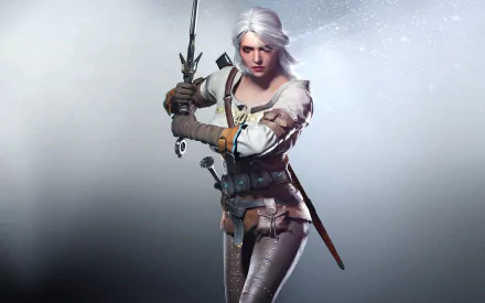 HD wallpaper of Ciri, the white-haired woman warrior from The Witcher 3: Wild Hunt, poised with her sword in a dynamic stance.
