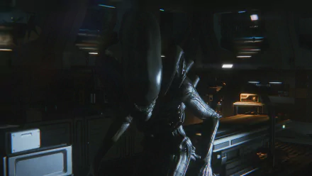 Dark HD PC desktop wallpaper from the video game Alien: Isolation showing a looming xenomorph in a dimly lit ship interior.
