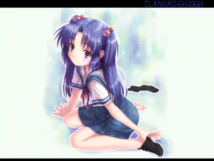 HD anime desktop wallpaper of Kotomi Ichinose (Clannad) kneeling in a school uniform, purple hair with ribbon accents against a soft pastel background.