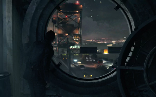 A character peers out from a circular window, overlooking a dark cityscape in this HD wallpaper from the video game Quantum Break. The scene captures a blend of intrigue and tension.