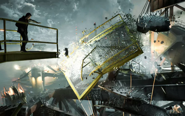 A dramatic scene from Quantum Break, featuring a character on a catwalk as debris and energy burst from a structure, showcasing intense action and high-stakes gameplay in stunning HD.
