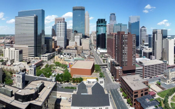 HD desktop wallpaper featuring an aerial view of downtown Minneapolis, highlighting its numerous skyscrapers and architectural diversity on a sunny day with a few clouds in the sky.