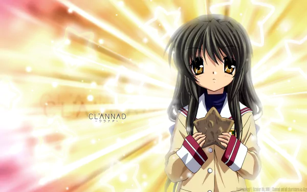 Fuuko Ibuki from Clannad anime, holding a wooden star with a shy expression against radiant golden rays — HD PC desktop wallpaper and background.