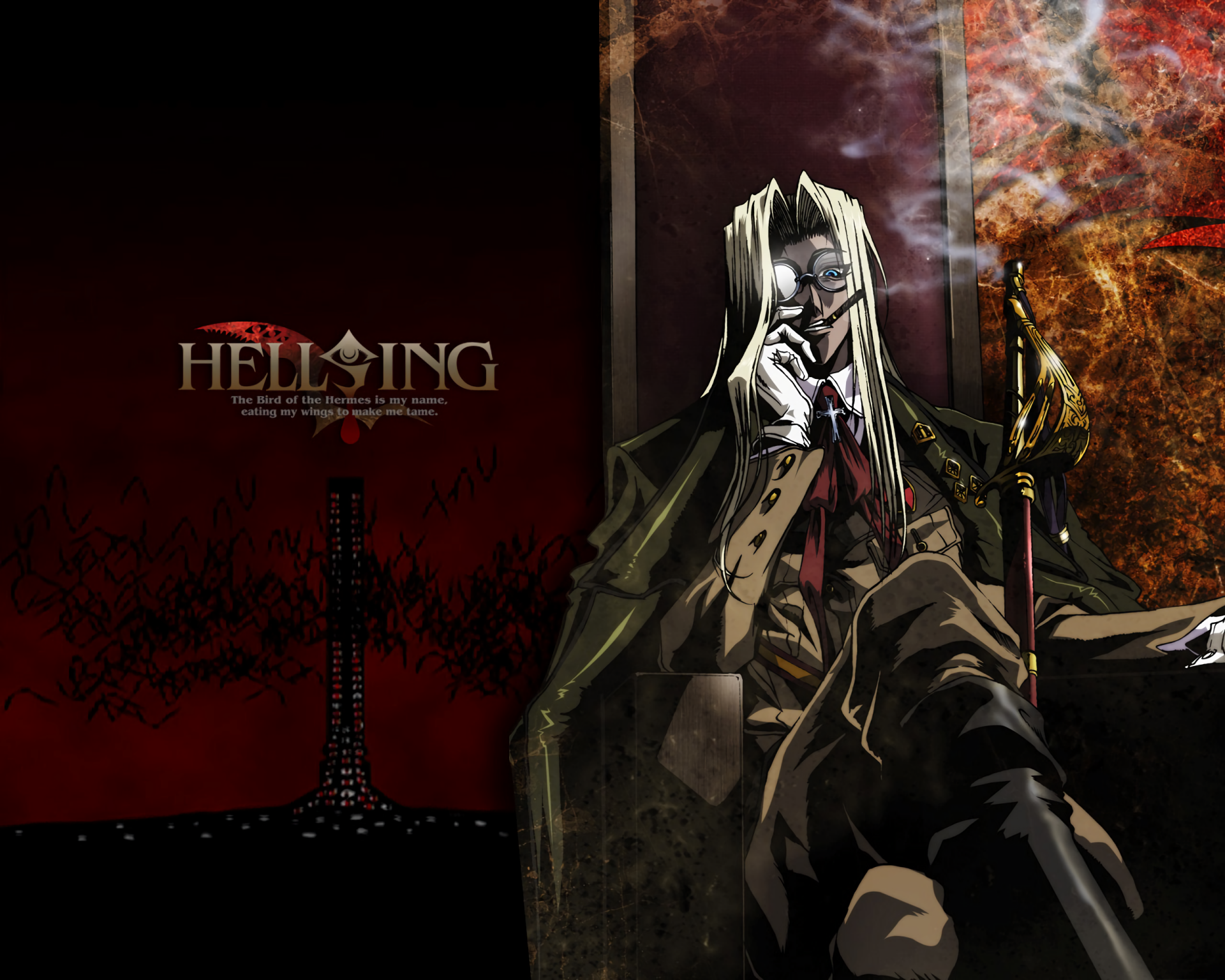 HD PC desktop wallpaper featuring Integra Hellsing from the anime Hellsing, depicted in a dark, intense atmosphere with striking detail and bold colors.