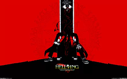 A striking HD wallpaper featuring Alucard from Hellsing, set against a bold red background, capturing the essence of the anime's dark themes and intense atmosphere.