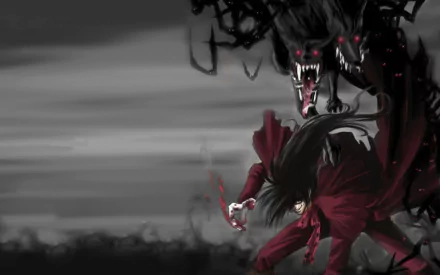 HD desktop wallpaper featuring Alucard from Hellsing, portrayed in an intense action pose with dark, shadowy figures in the background, capturing the anime's dramatic essence.