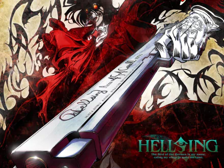 Vibrant HD desktop wallpaper featuring characters and themes from the anime Hellsing, showcasing dramatic imagery and a signature weapon in an engaging design.