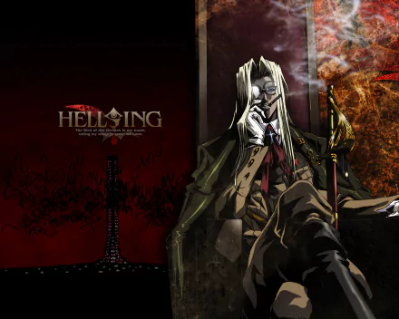 HD PC desktop wallpaper featuring Integra Hellsing from the anime Hellsing, depicted in a dark, intense atmosphere with striking detail and bold colors.