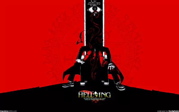 A striking HD wallpaper featuring Alucard from Hellsing, set against a bold red background, capturing the essence of the anime's dark themes and intense atmosphere.