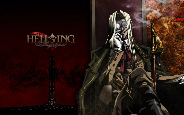 HD PC desktop wallpaper featuring Integra Hellsing from the anime Hellsing, depicted in a dark, intense atmosphere with striking detail and bold colors.