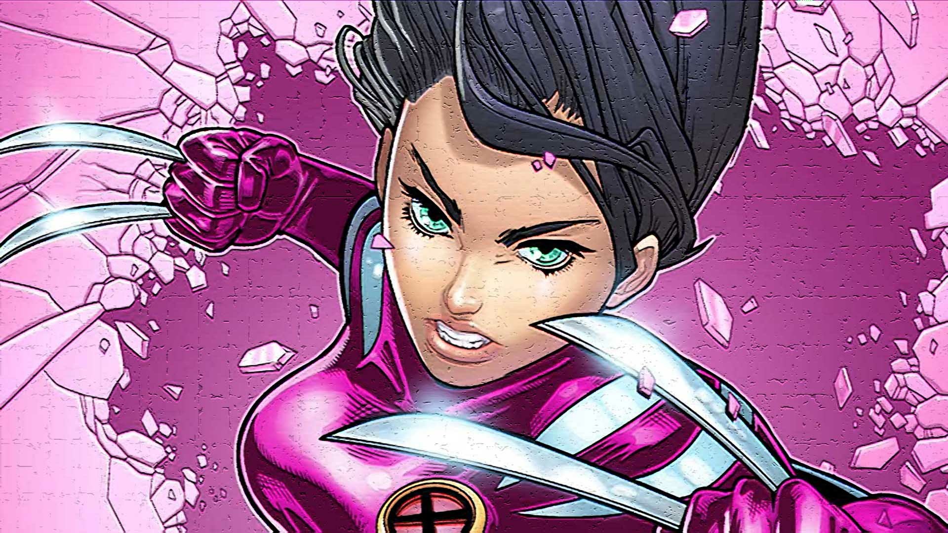 HD PC desktop wallpaper: comic-style X-Men heroine in magenta suit bursts through shattered pink background, claws extended and glowing teal eyes, fierce close-up.