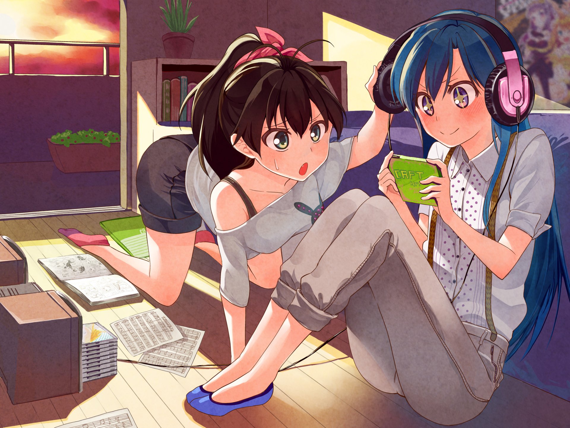 Hibiki Ganaha and Chihaya Kisaragi from The iDOLM@STER anime relax in a sunlit room, studying and gaming together — 2K Quad HD PC desktop wallpaper/background.