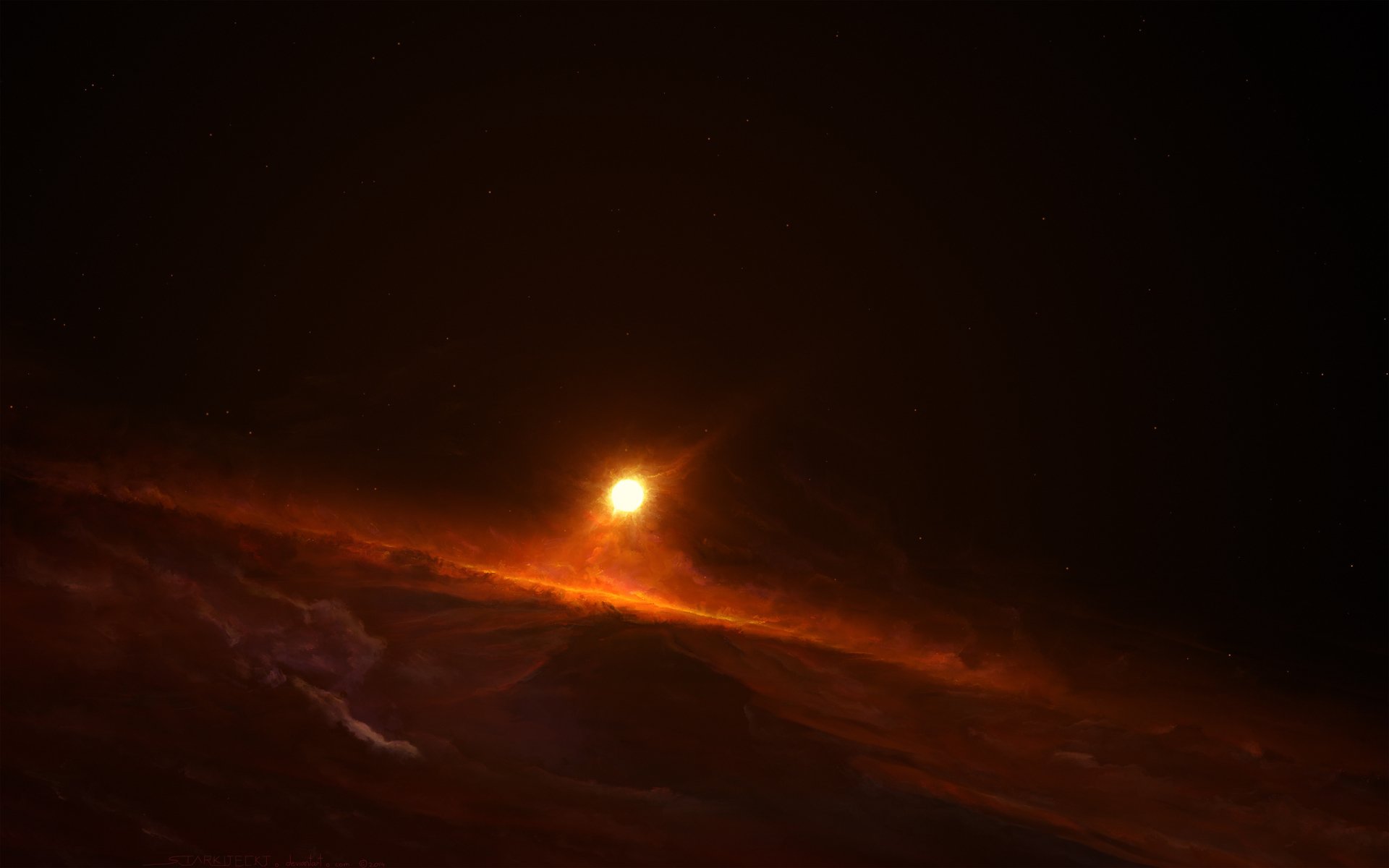 HD sci-fi desktop wallpaper featuring a glowing sun above a swirling cosmic landscape with dark space surrounding it.
