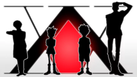 HD desktop wallpaper featuring black silhouettes of Leorio Paradinight, Kurapika, Killua Zoldyck, and Gon Freecss from Hunter × Hunter on a white background with a prominent red diamond and black accents.