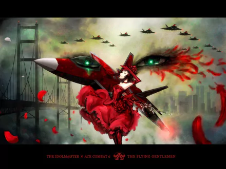 HD anime desktop wallpaper featuring Haruka Amami from The iDOLM@STER, blending vivid red tones with futuristic mecha and a cityscape backdrop.