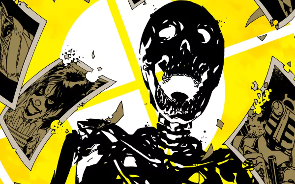 HD PC desktop wallpaper featuring bold comic-style Suicide Squad art with a striking black skeleton figure and fragmented images against a bright yellow background.