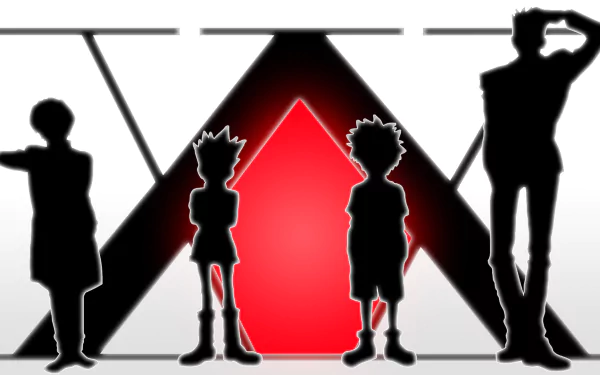 HD desktop wallpaper featuring black silhouettes of Leorio Paradinight, Kurapika, Killua Zoldyck, and Gon Freecss from Hunter × Hunter on a white background with a prominent red diamond and black accents.