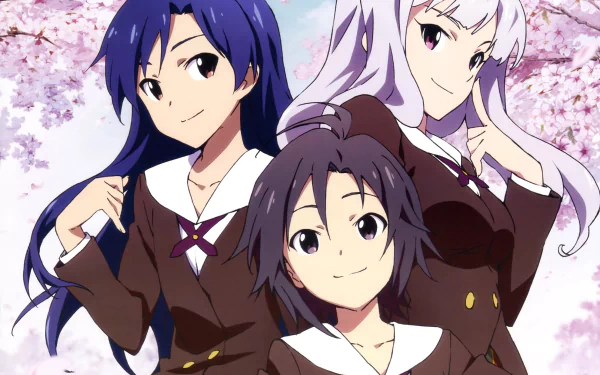 4K Ultra HD anime desktop wallpaper of Makoto Kikuchi, Chihaya Kisaragi and Takane Shijou from The iDOLM@STER, posing together under cherry blossoms.