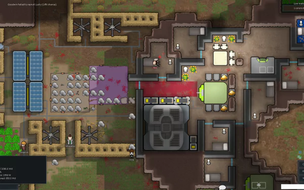 HD desktop wallpaper of a RimWorld game base with characters, structures, and solar panels.